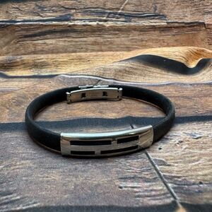 Men's Black Rubber & Stainless Steel Bar Bracelet 8" Modern Gift